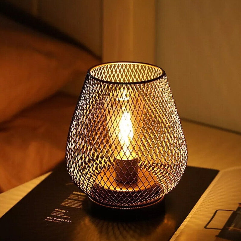 Cordless metal cage lantern table lamp
