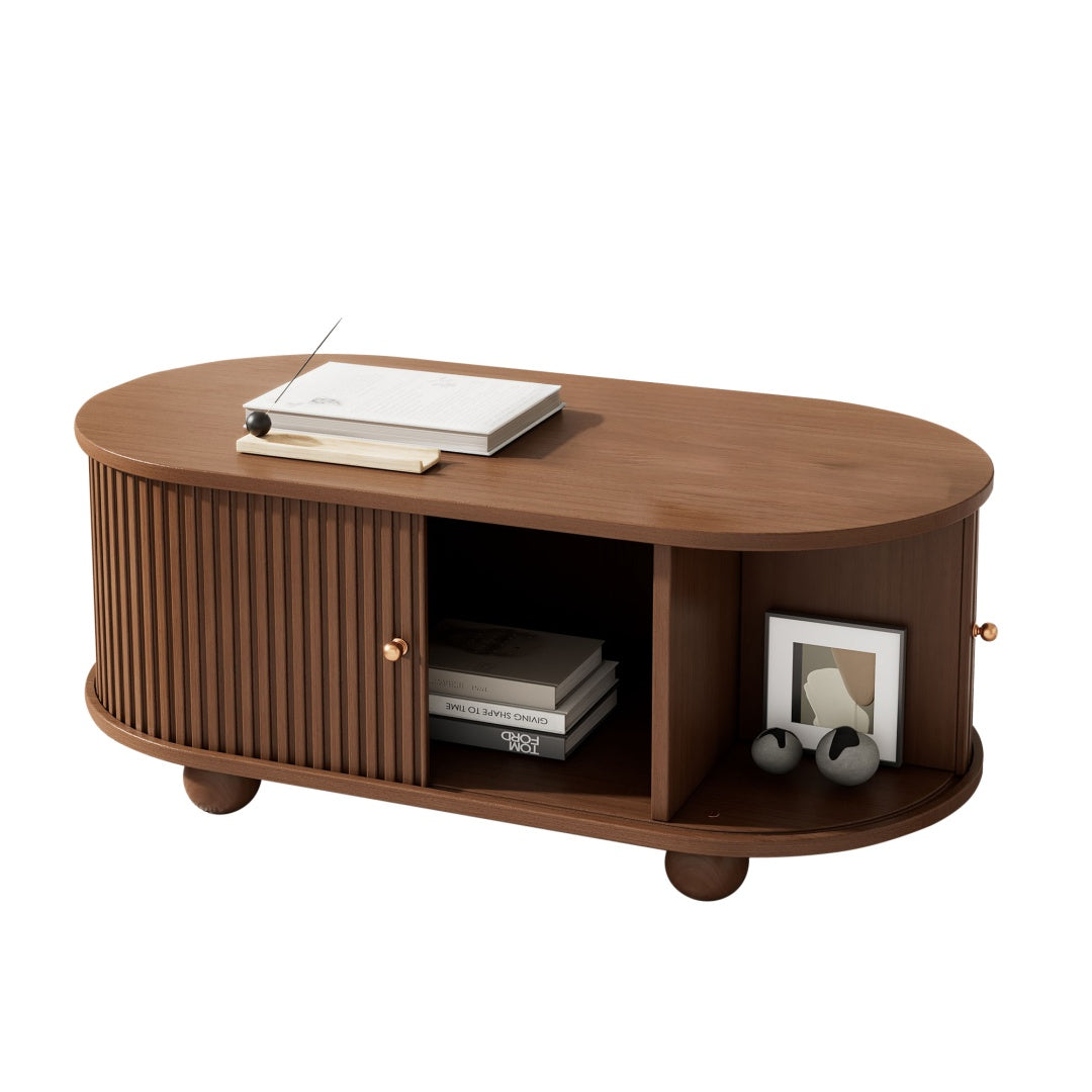 Oval Coffee Table with Sliding Doors – Oak
