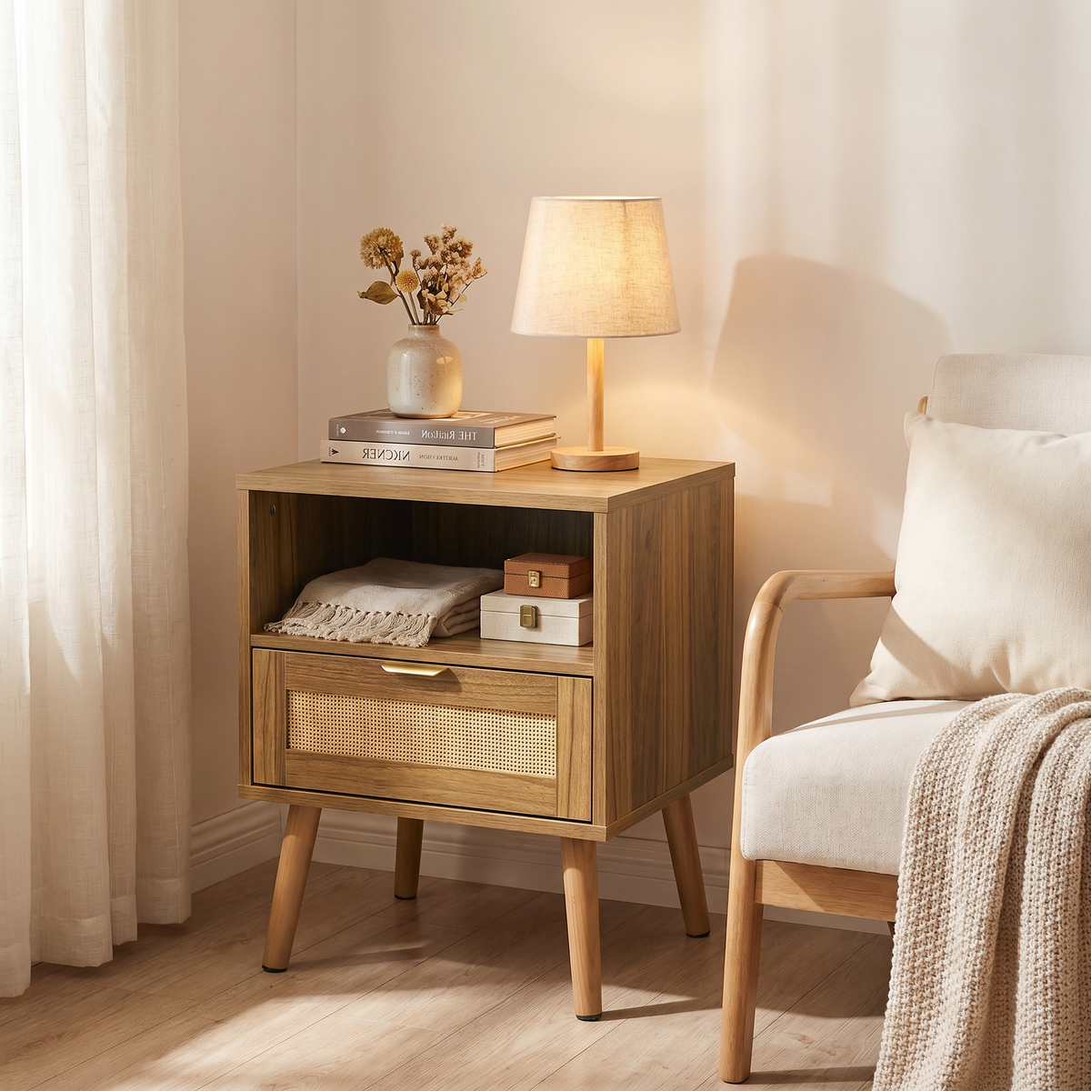 Rattan Bedside Table with Open Shelf – Walnut