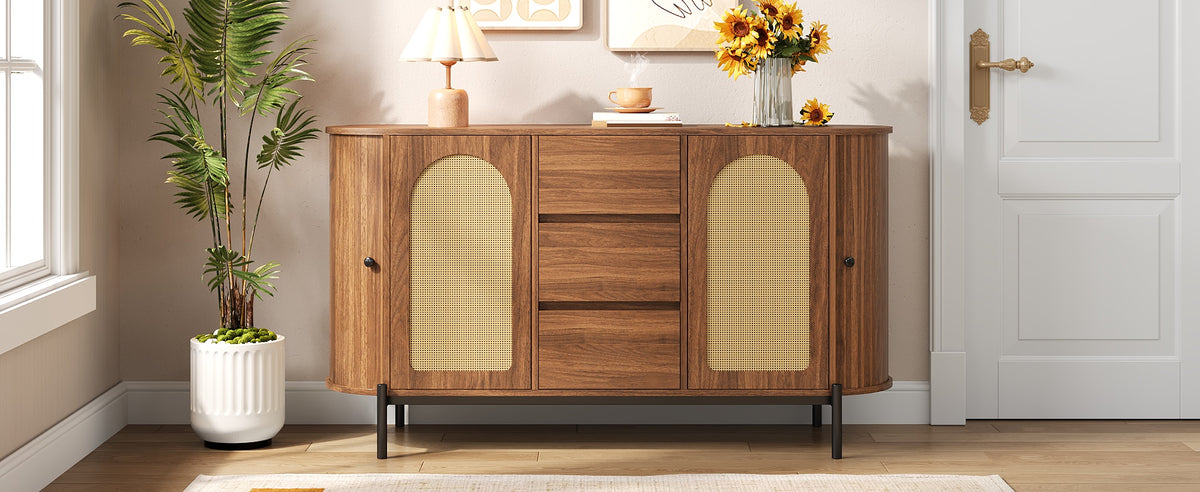 Rattan Sliding-Door Sideboard – Walnut, 140cm