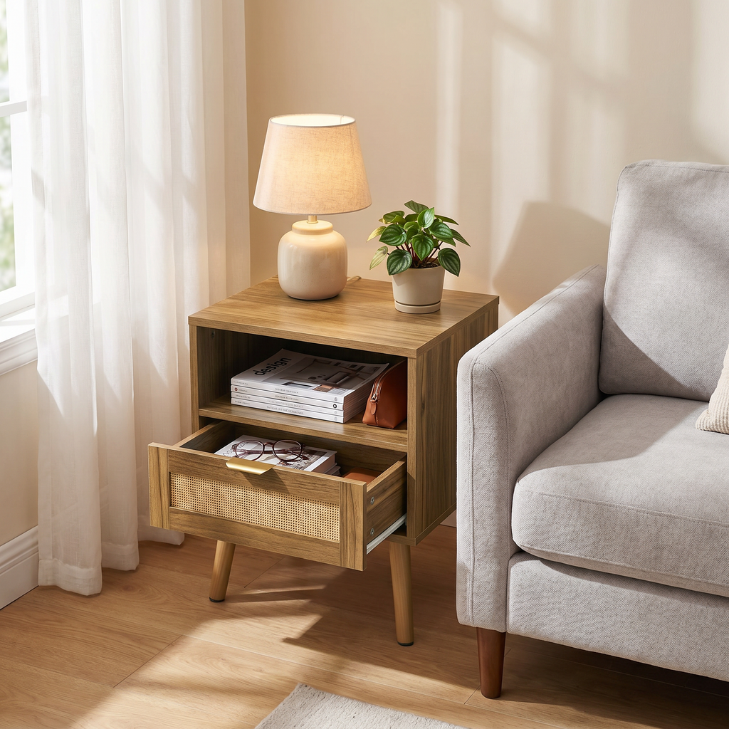 Rattan Bedside Table with Open Shelf – Walnut