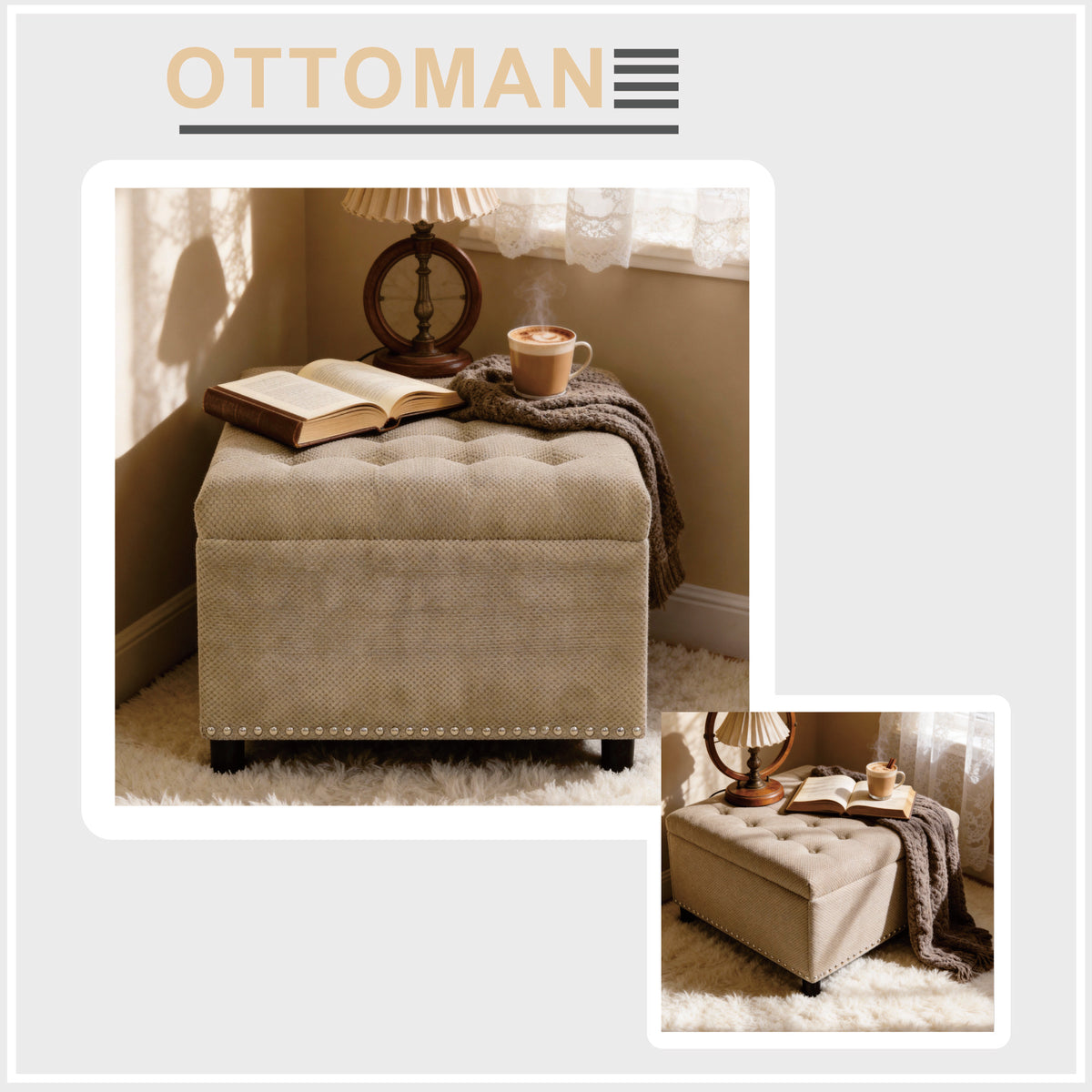 Square tufted storage ottoman camel