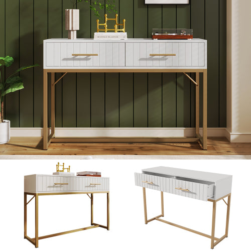 Fluted White Console Table with Gold Frame