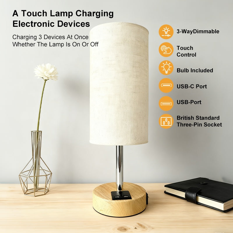 Linen shade bedside lamp with USB charging