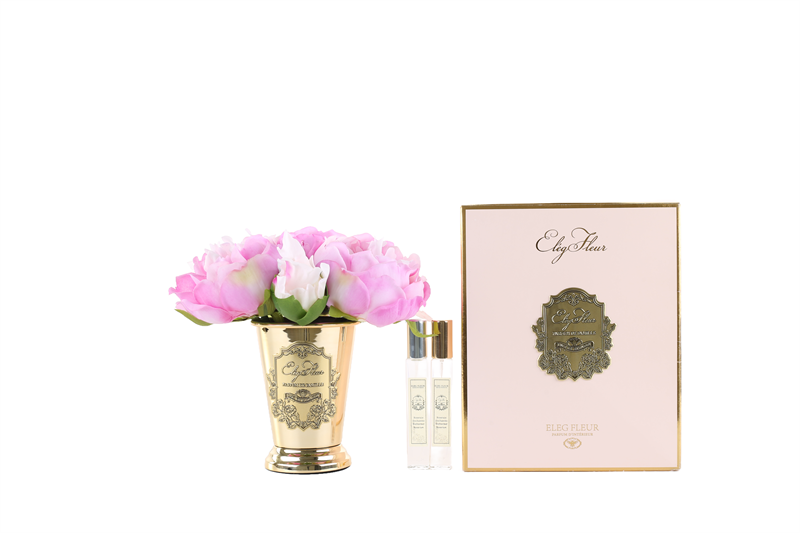 Peony bouquet in gold cone vase
