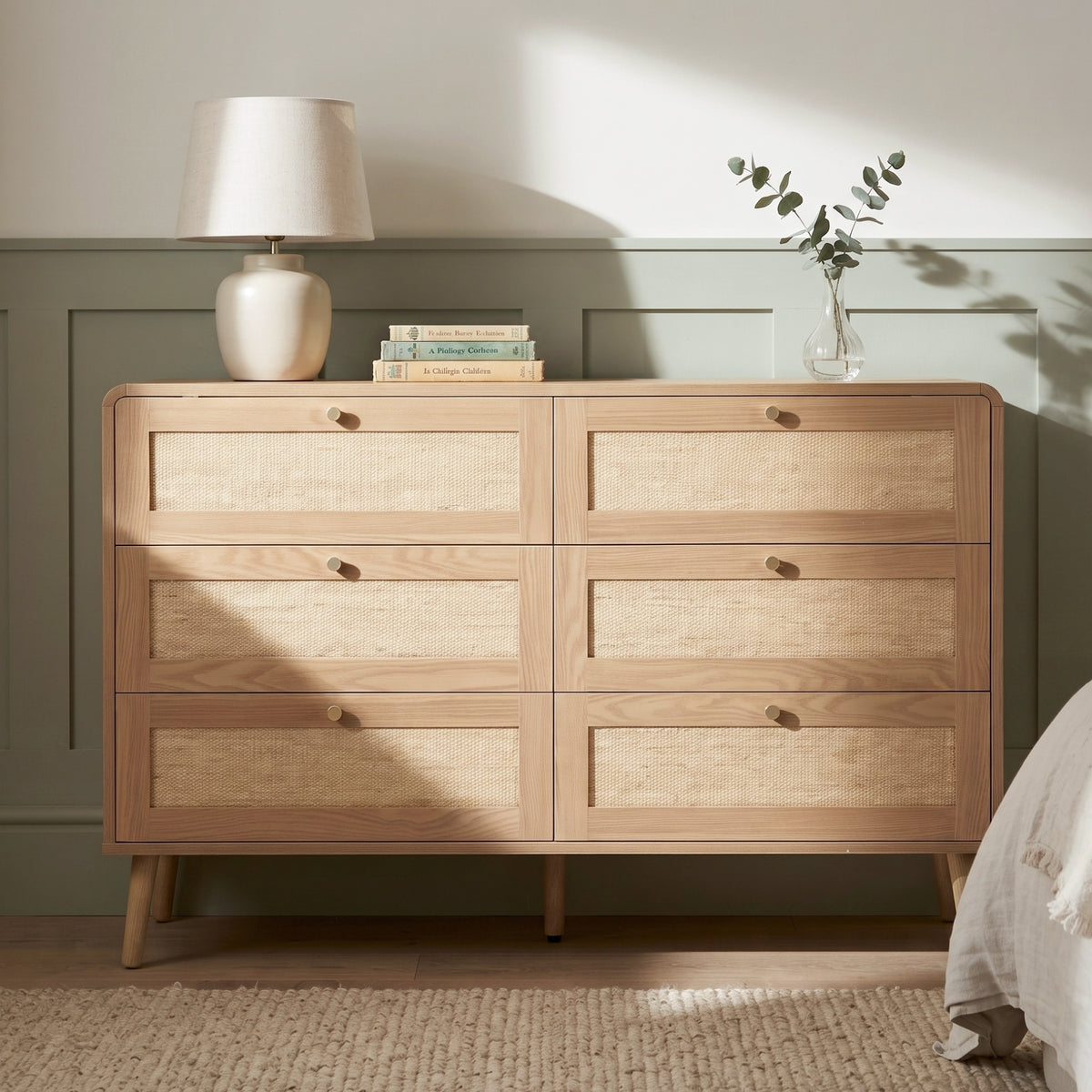 Rattan-Effect 6-Drawer Chest – Natural Wood, 120cm