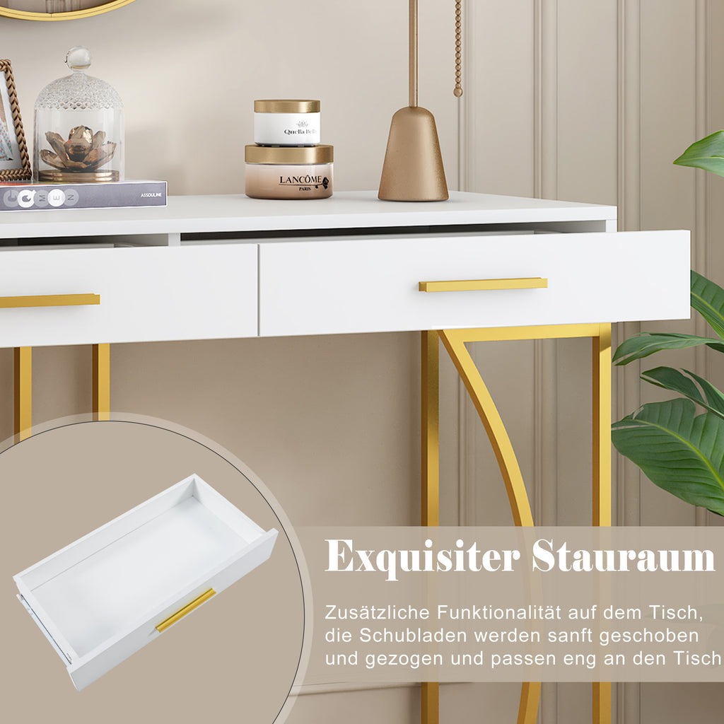 White & Gold Console Table with 2 Drawers