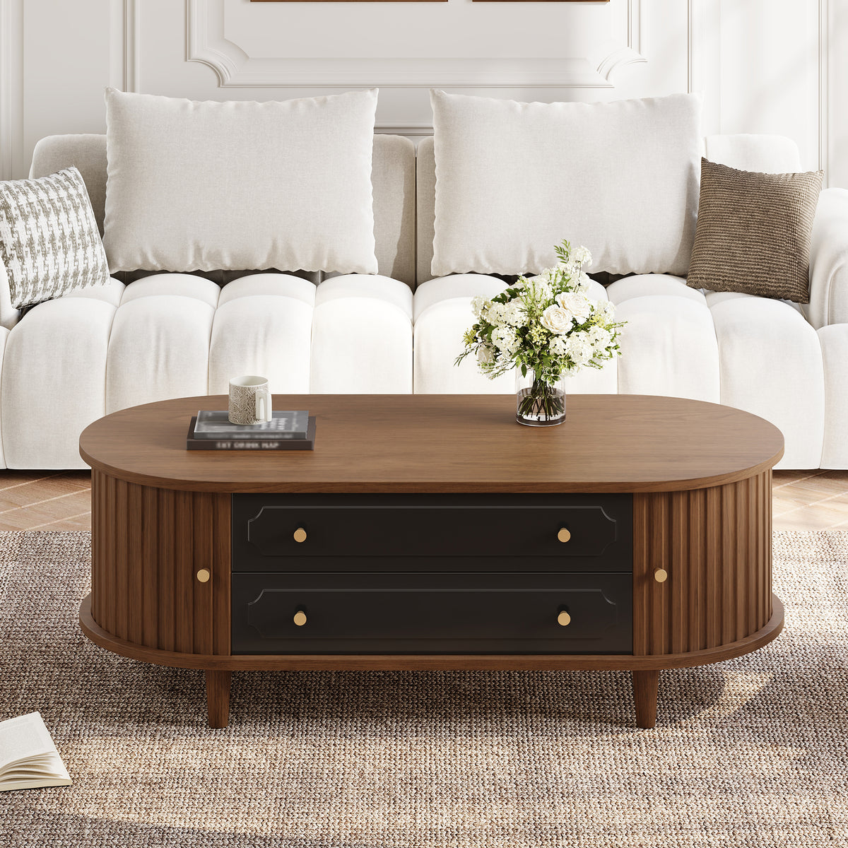 Fluted Oval Coffee Table with Drawers – Walnut