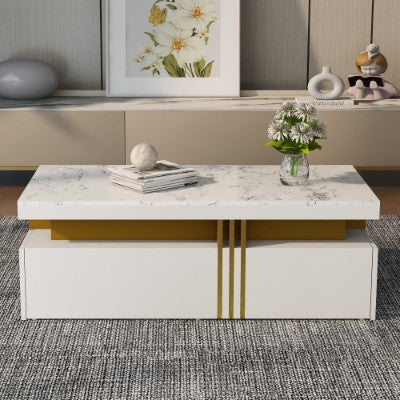 White Marble-Effect Coffee Table with Drawers