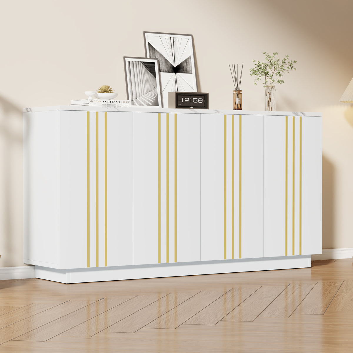 White Sideboard with Gold Stripes, 140cm