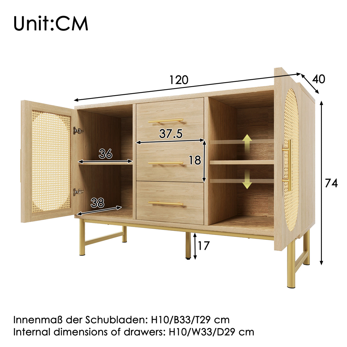 Rattan Sideboard with Gold Legs – Oak, 120cm
