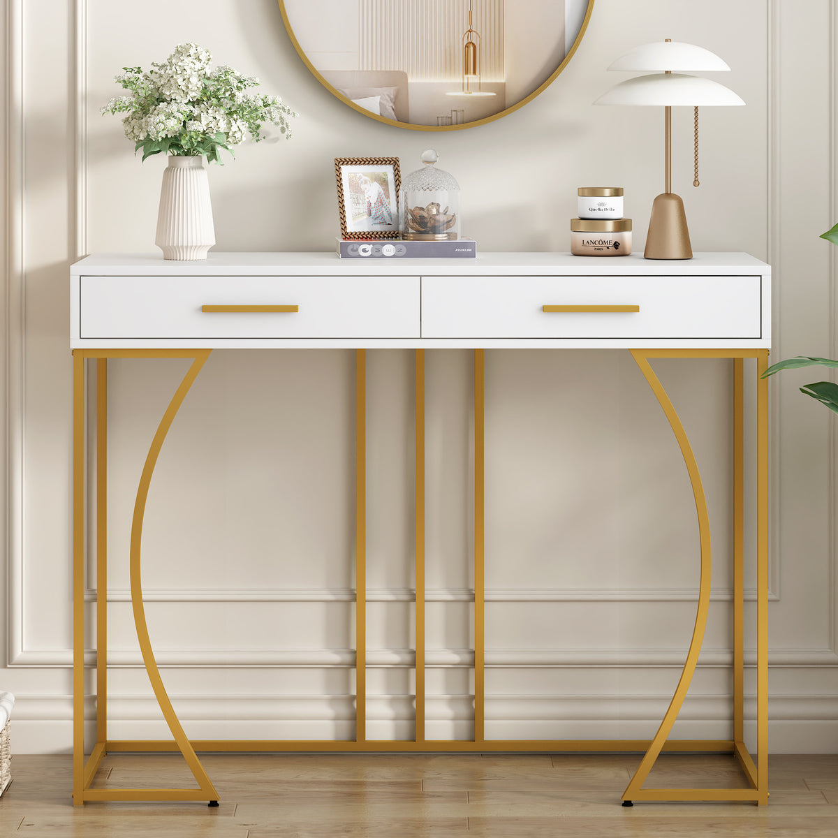 White & Gold Console Table with 2 Drawers