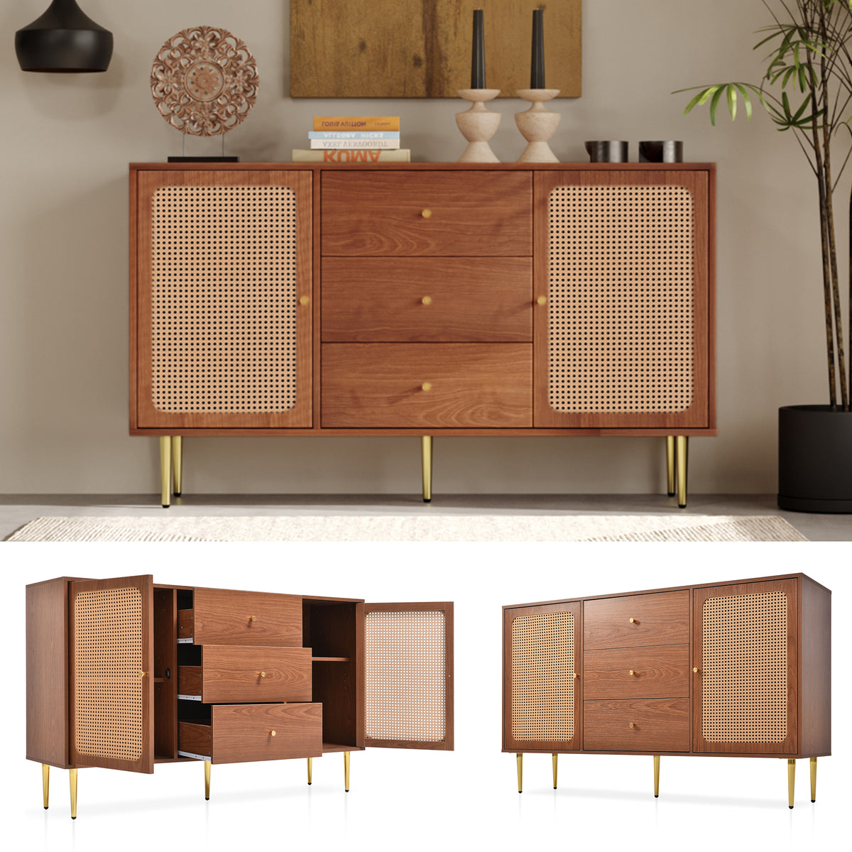 Rattan Sideboard – Walnut, 150cm