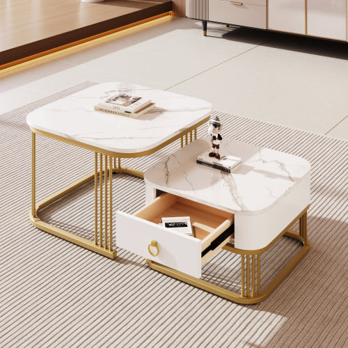 Marble & Gold Nesting Coffee Tables with Drawer