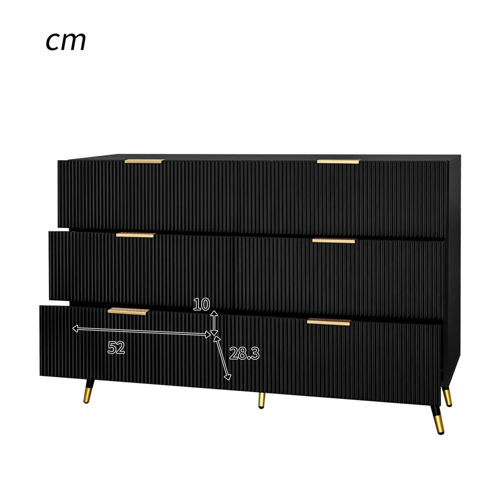 Black Fluted Chest of Drawers with Gold Handles, 120cm