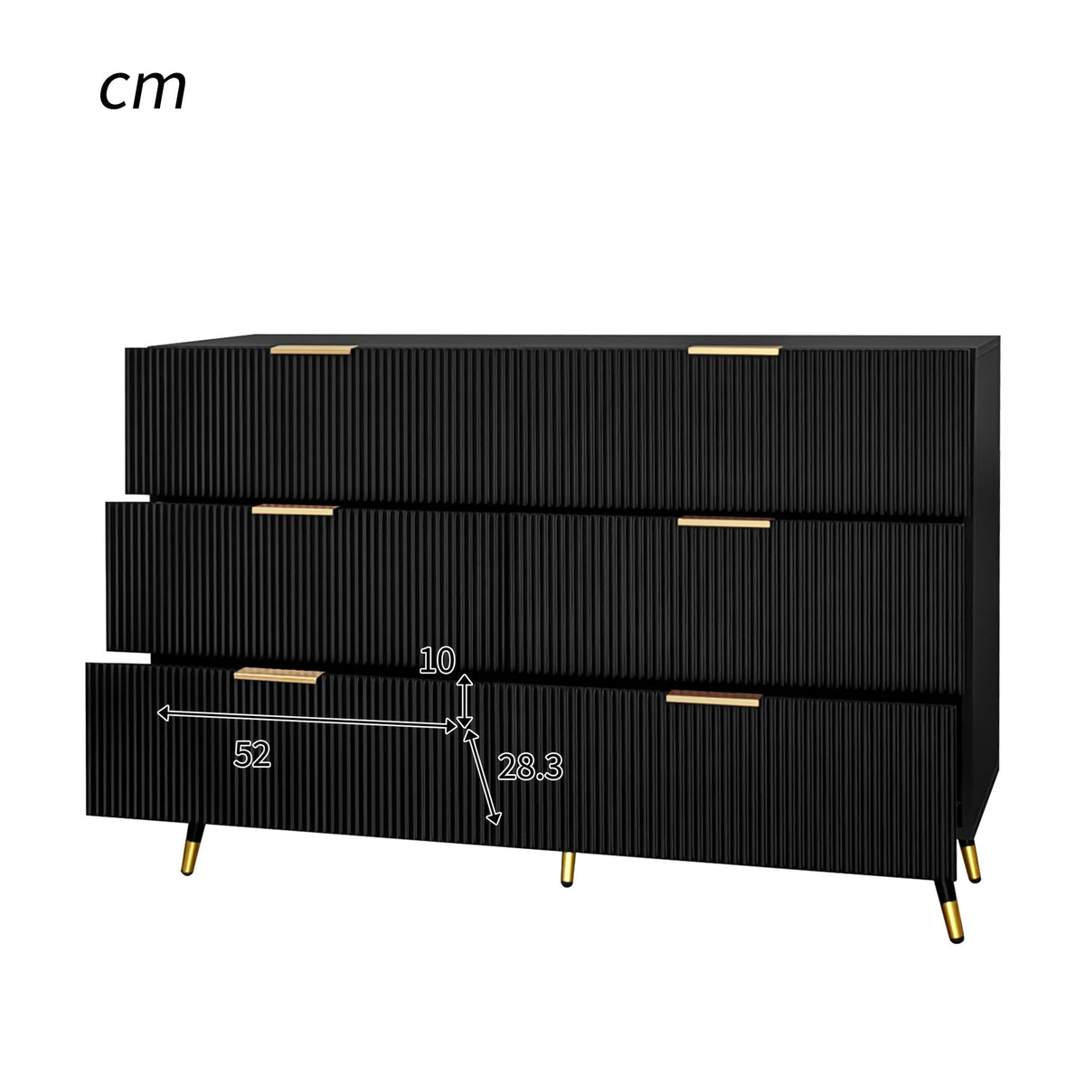 Black Fluted Chest of Drawers with Gold Handles, 120cm