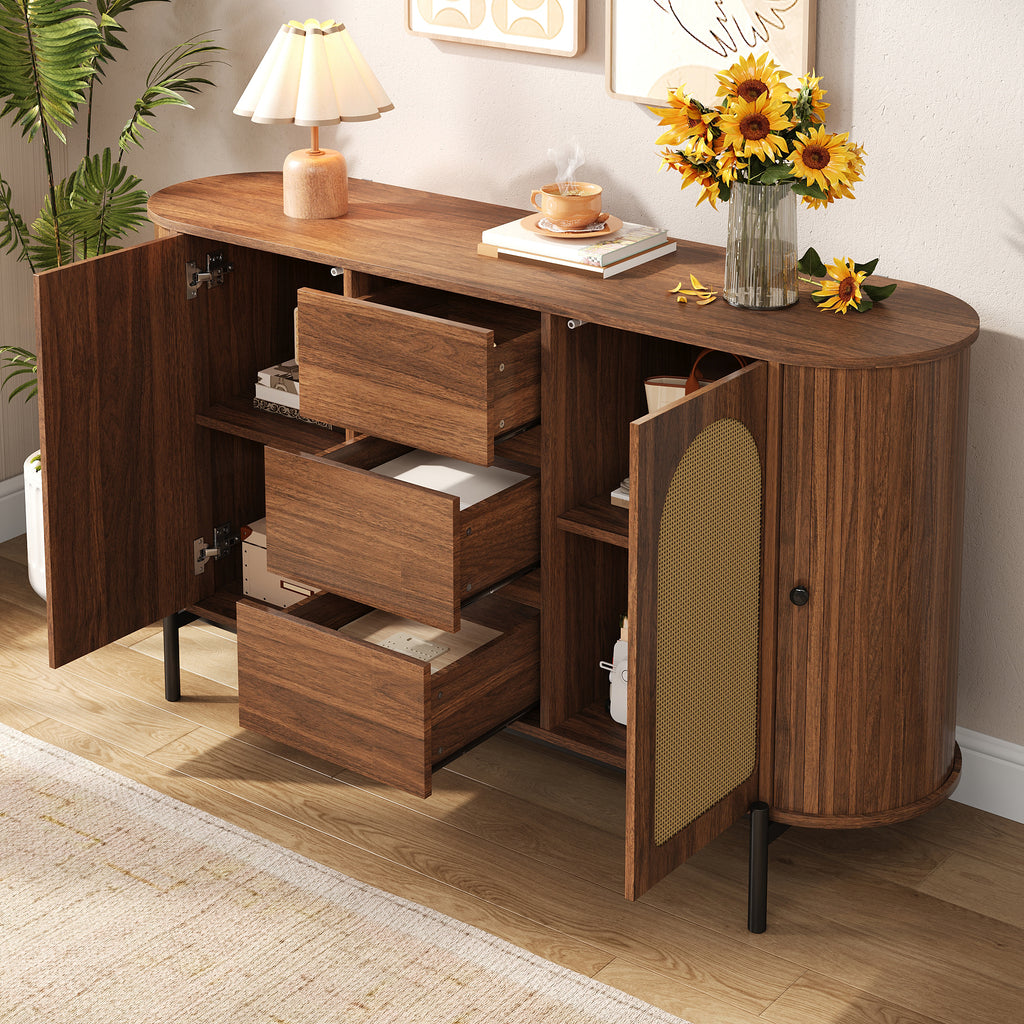 Rattan Sliding-Door Sideboard – Walnut, 140cm