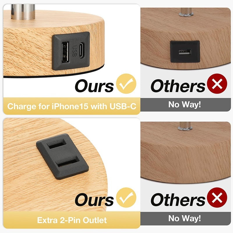 Linen shade bedside lamp with USB charging