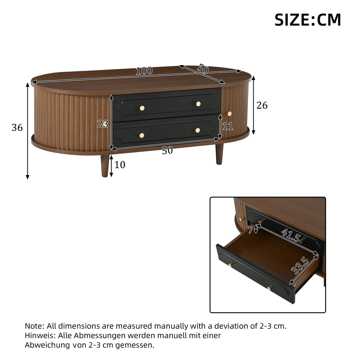 Fluted Oval Coffee Table with Drawers – Walnut