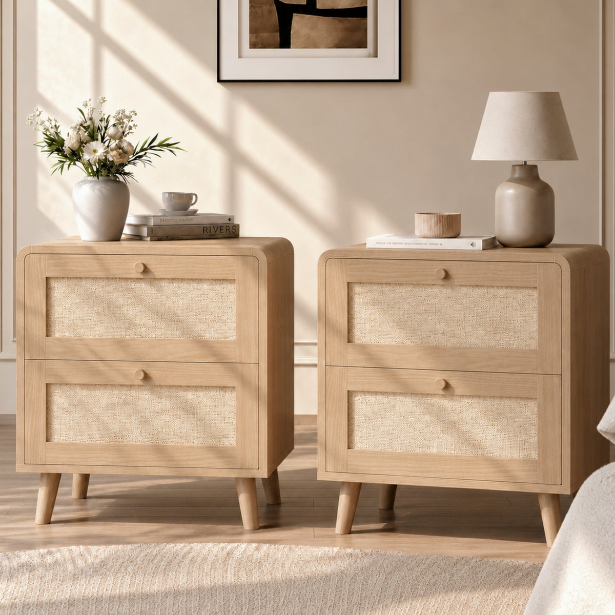 Rattan-Effect Bedside Tables – Set of 2, Natural Oak