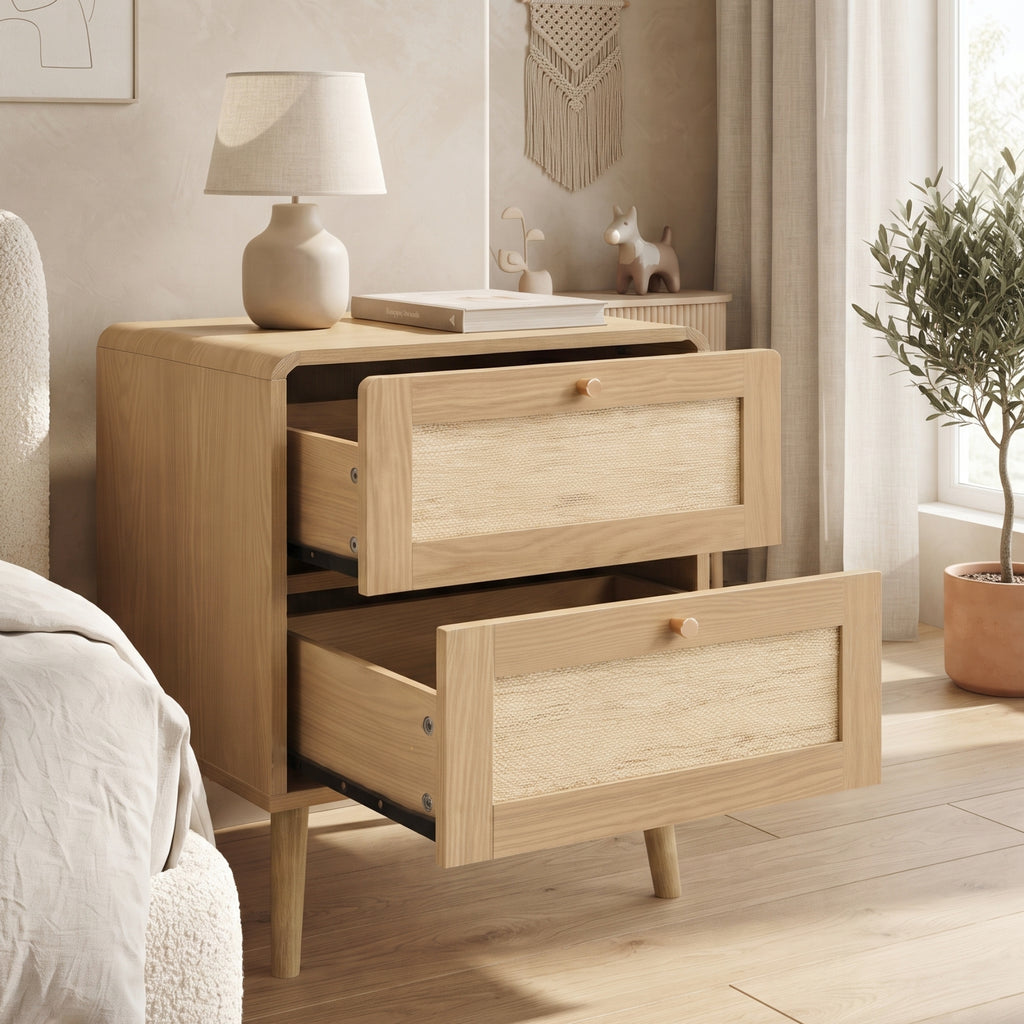 Rattan-Effect Bedside Tables – Set of 2, Natural Oak