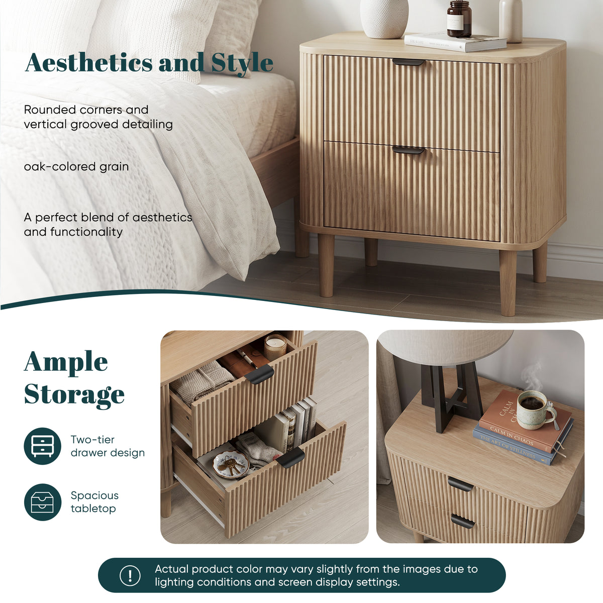 Fluted Oak Bedside Table with 2 Drawers