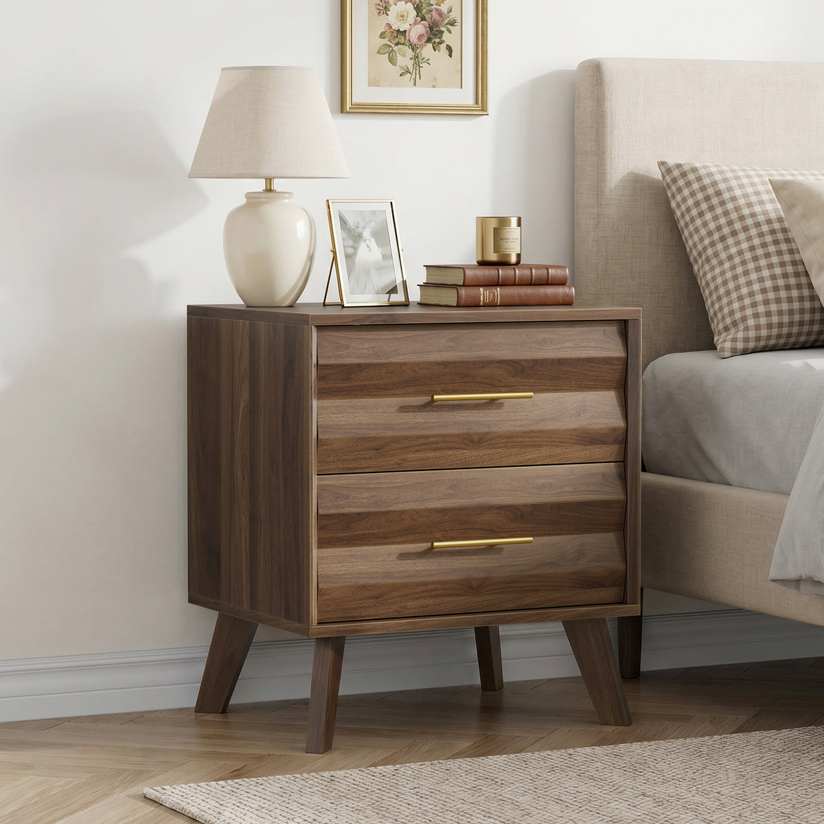 Walnut Bedside Table with 2 Drawers – Mid-Century