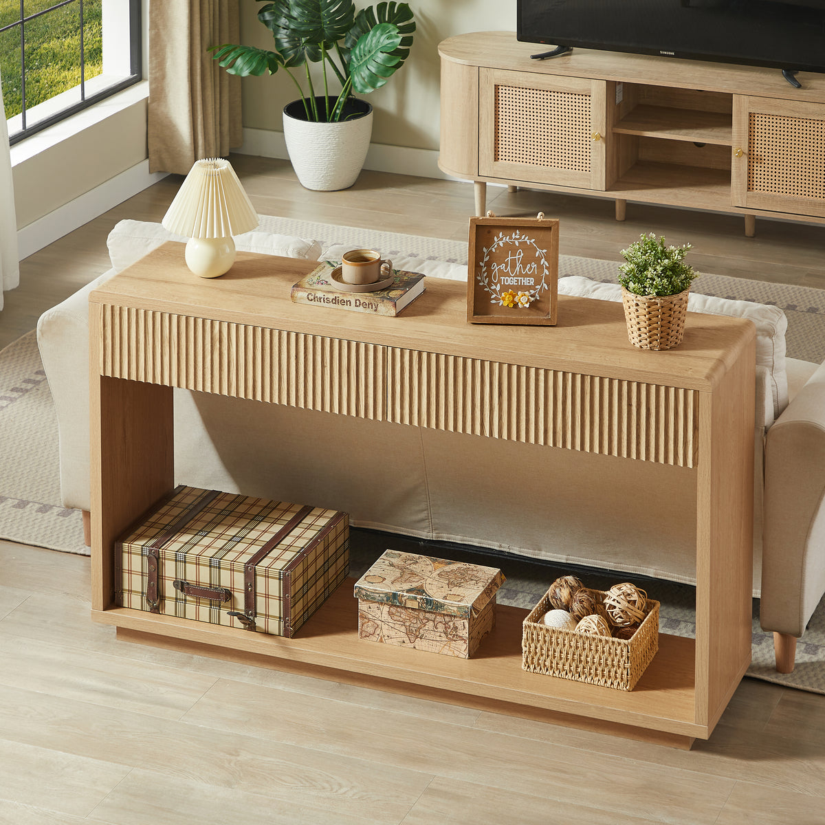 Fluted Oak Console Cabinet with Drawers, 150cm