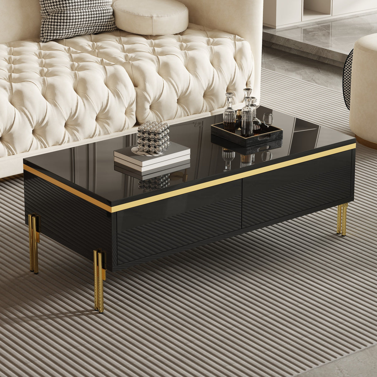 Black Gloss Coffee Table with Gold Lines