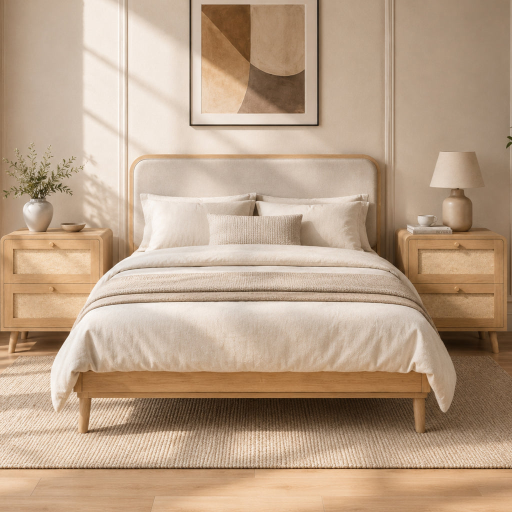 Rattan-Effect Bedside Tables – Set of 2, Natural Oak