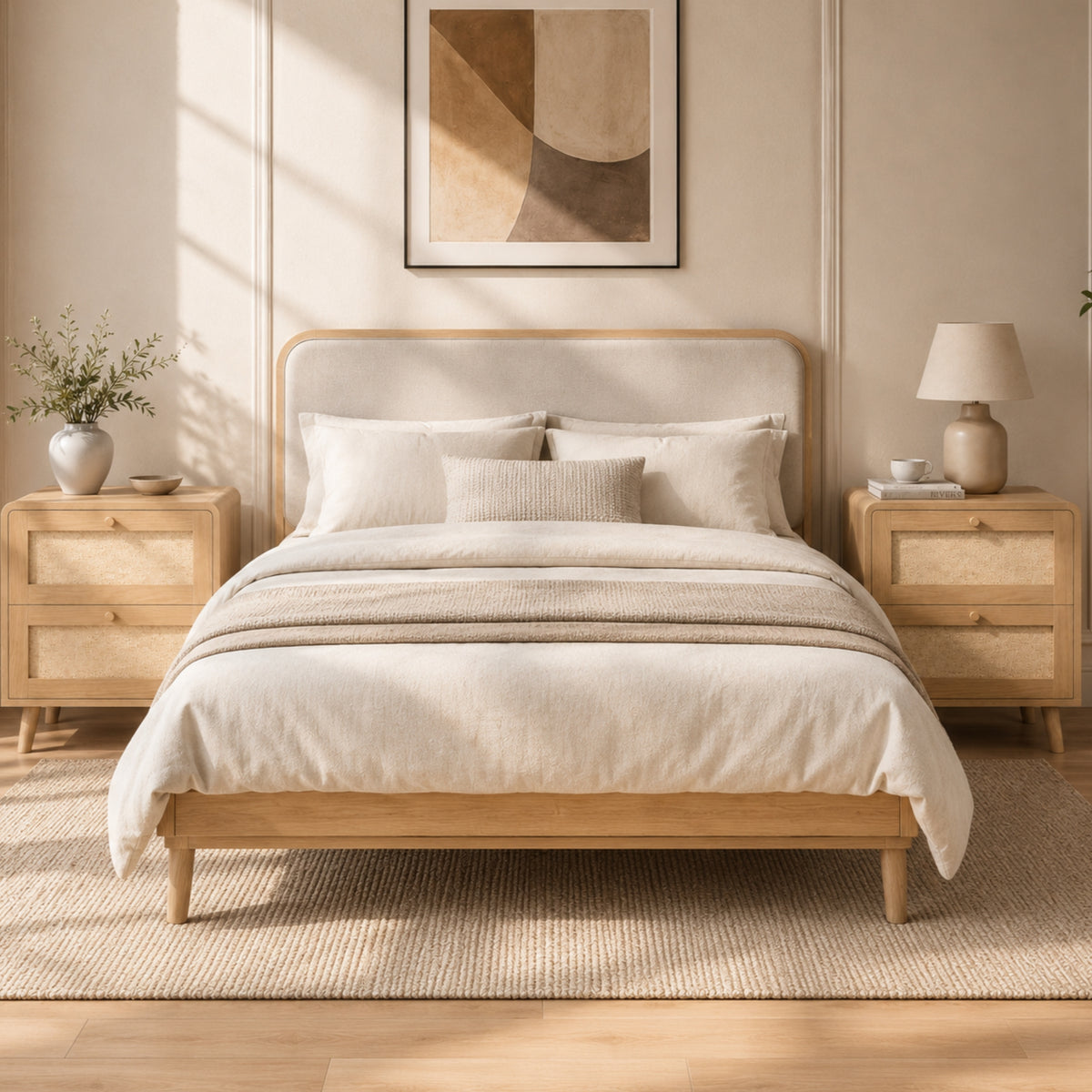 Rattan-Effect Bedside Tables – Set of 2, Natural Oak