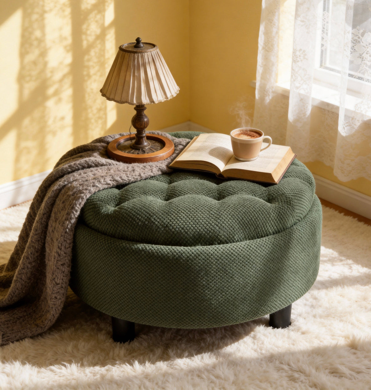Round storage ottoman dark green