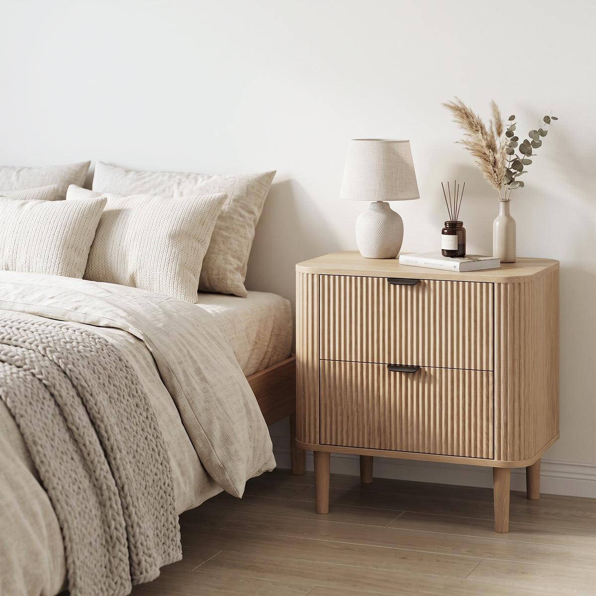 Fluted Oak Bedside Table with 2 Drawers