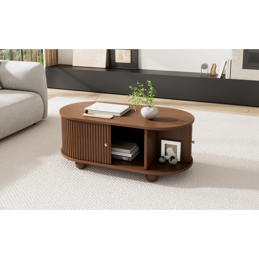 Oval Coffee Table with Sliding Doors – Oak