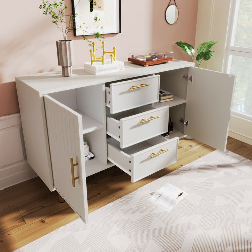 White Fluted Sideboard with Gold Handles, 120cm