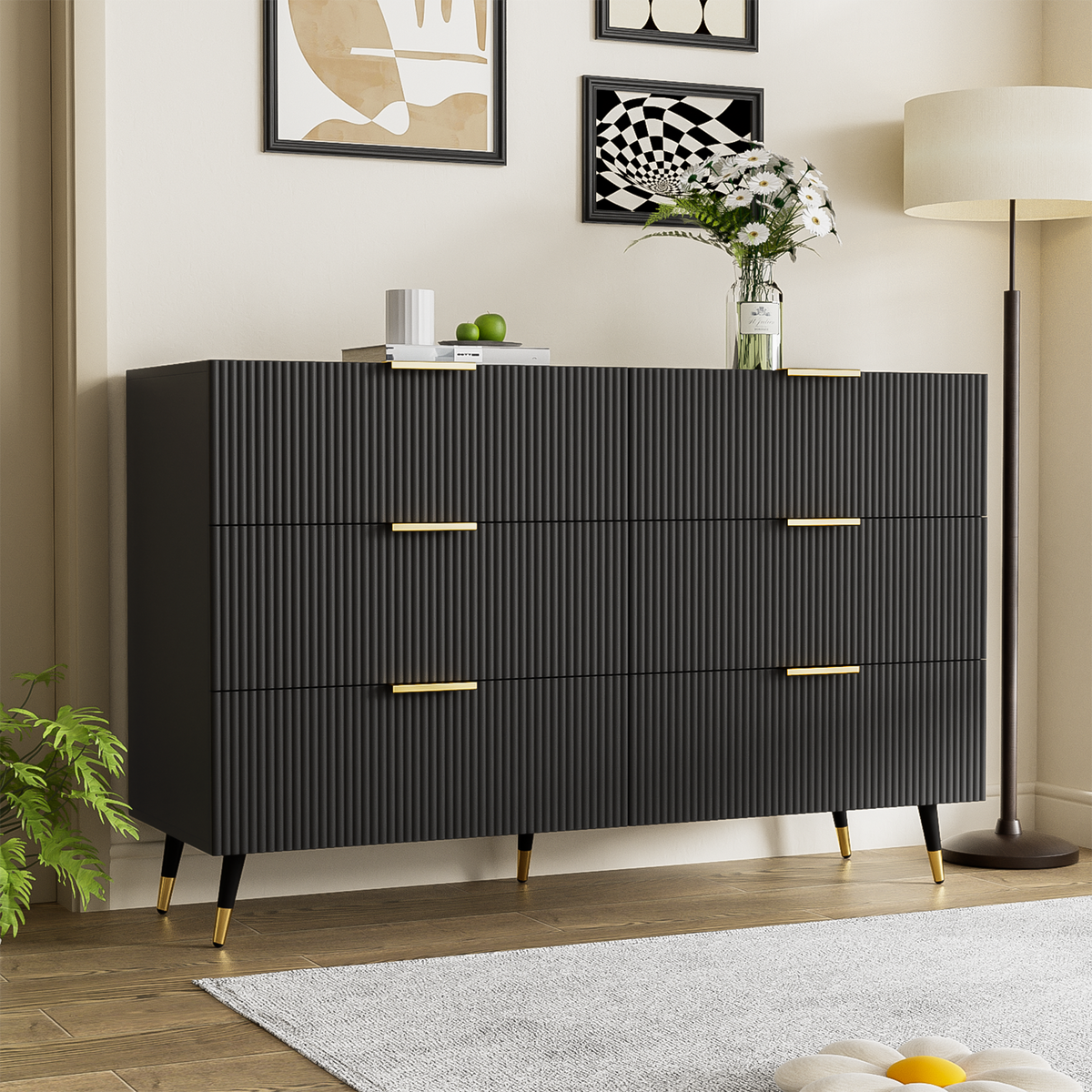 Black Fluted Chest of Drawers with Gold Handles, 120cm