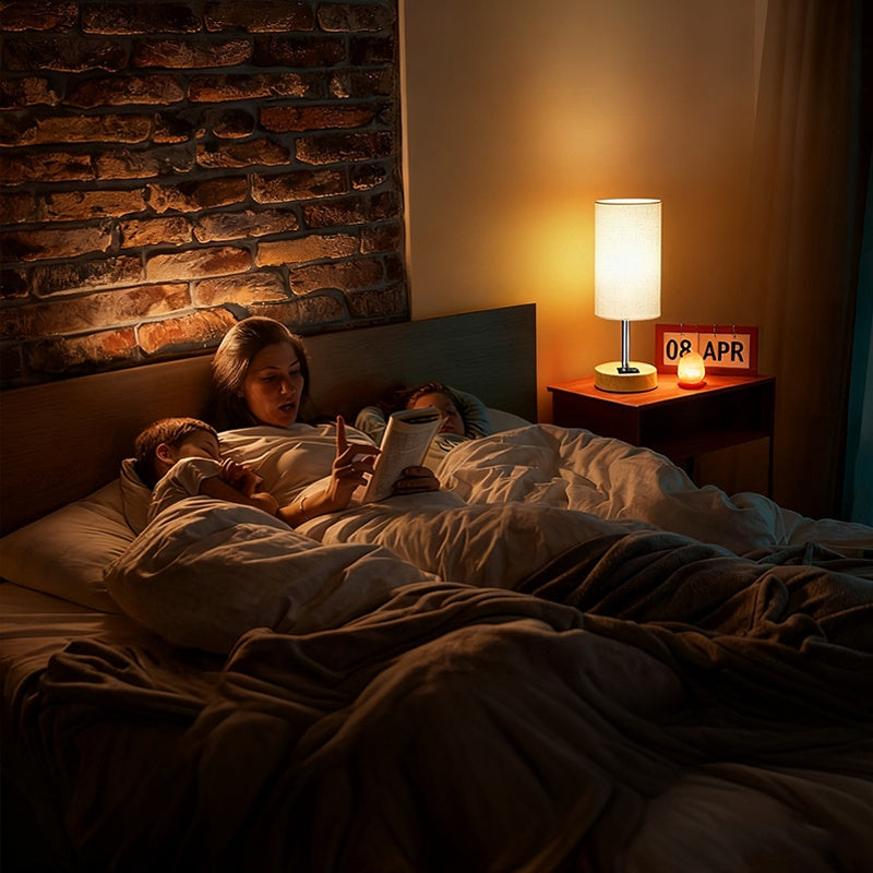 Linen shade bedside lamp with USB charging