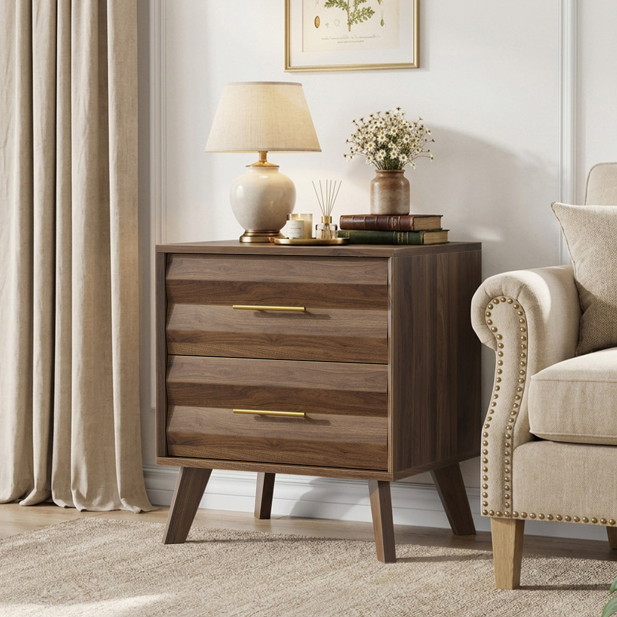 Walnut Bedside Table with 2 Drawers – Mid-Century