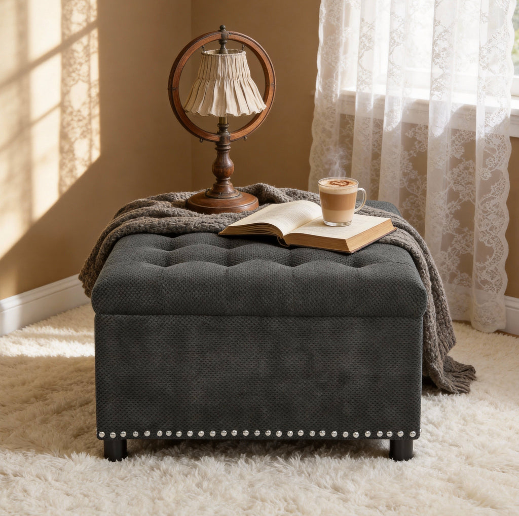 Square tufted storage ottoman dark grey