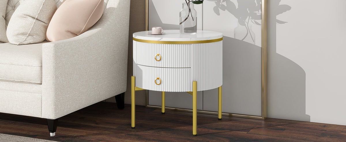 Round Marble-Effect Side Table with Gold Legs