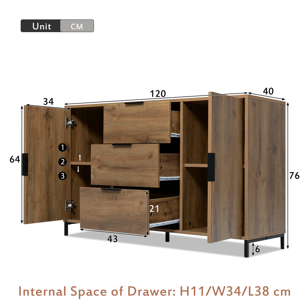 Dark Oak Sideboard with Drawers, 120cm