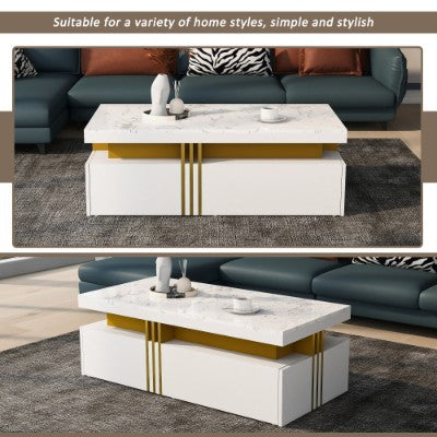 White Marble-Effect Coffee Table with Drawers