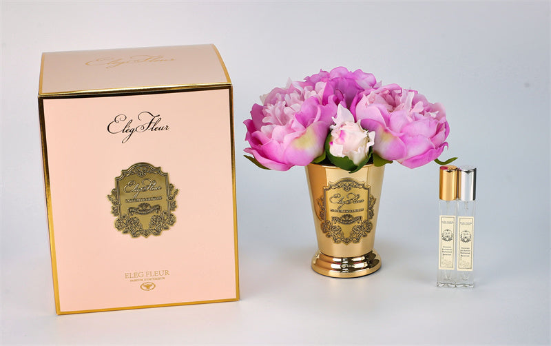 Peony bouquet in gold cone vase