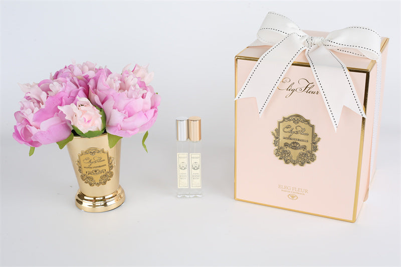 Peony bouquet in gold cone vase