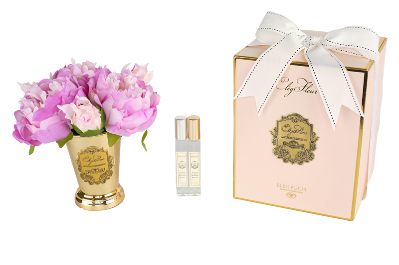 Peony bouquet in gold cone vase