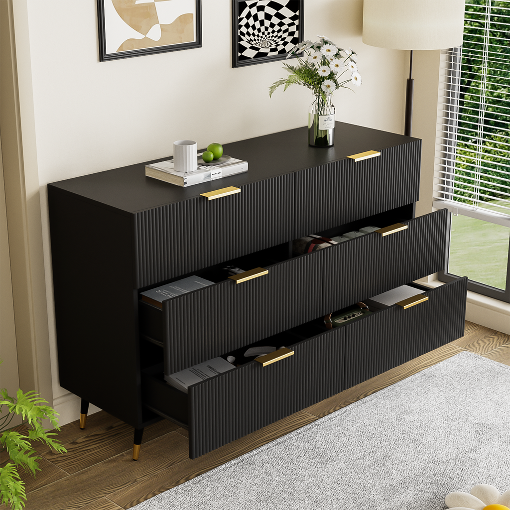 Black Fluted Chest of Drawers with Gold Handles, 120cm