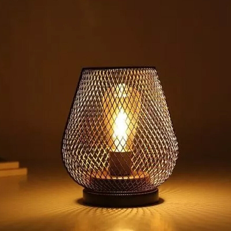 Cordless metal cage lantern table lamp