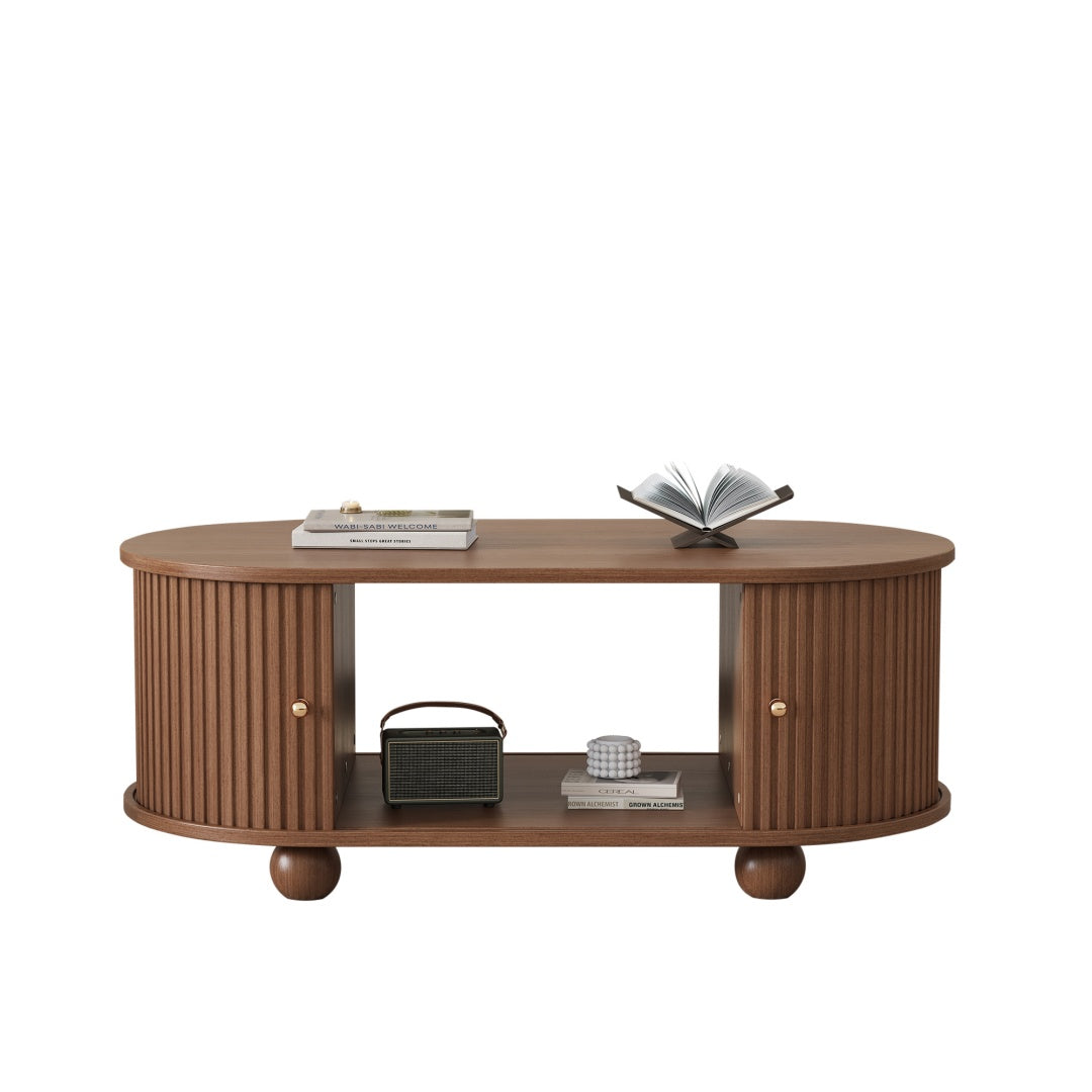 Oval Coffee Table with Sliding Doors – Oak