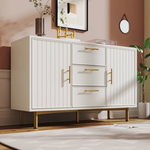 White Fluted Sideboard with Gold Handles, 120cm