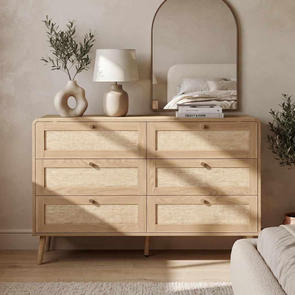Rattan-Effect 6-Drawer Chest – Natural Wood, 120cm